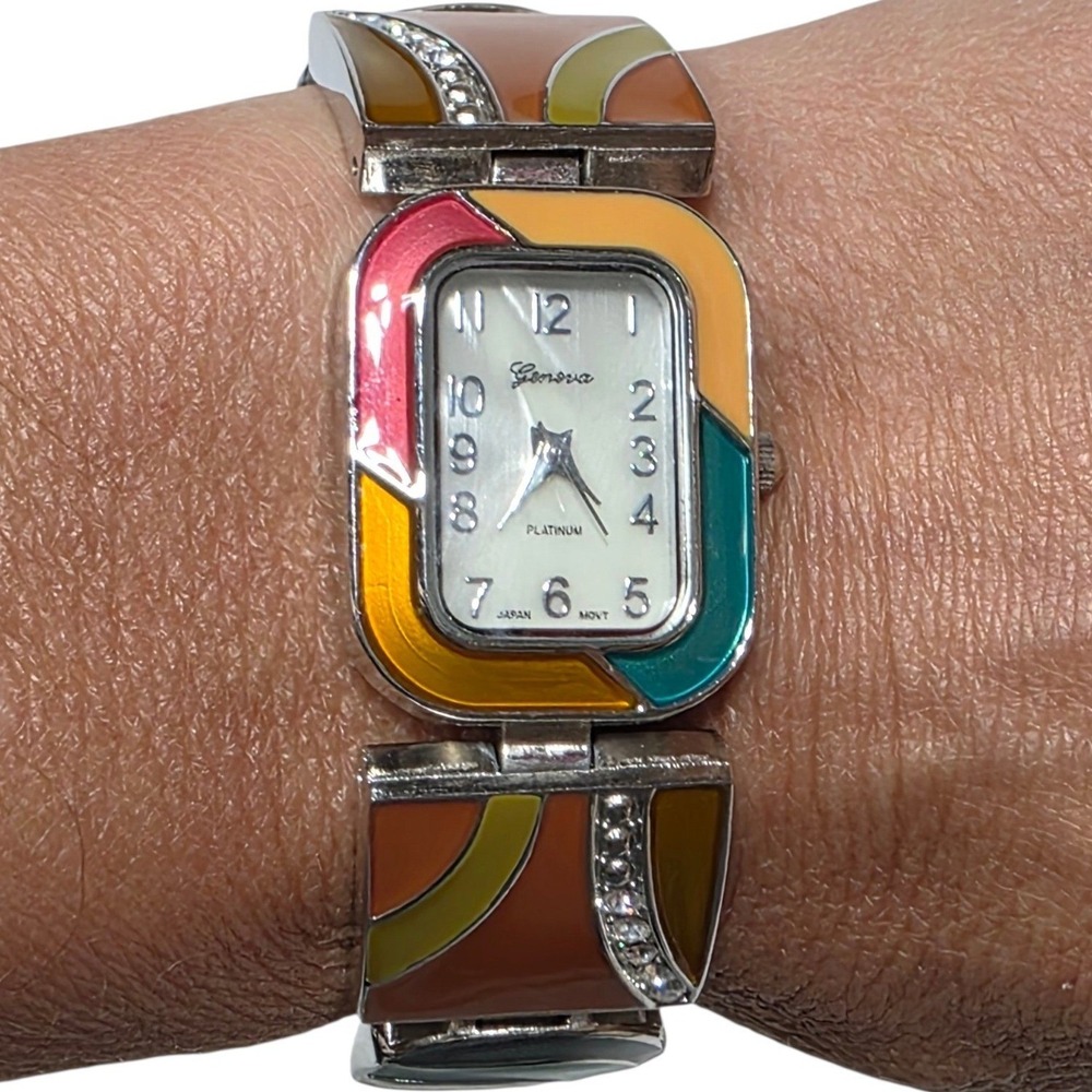 Geneva Platinum Tone Watch Womens OS Multi Enameled Rhinestone Art Deco Bangle